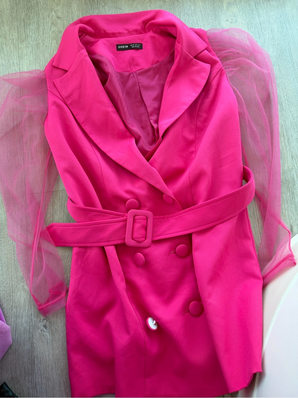 SHEIN Hot Pink Blazer Dress with Sheer Mesh Puff Sleeves